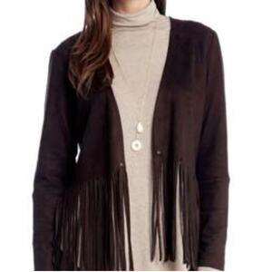 NWT Karen Kane Sz L Brown Faux Suede Fringe Open Front Jacket Rodeo Western